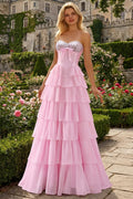 Sparkly Pink Tiered Sequin Ruffled Long Corset Prom Dress With Bow