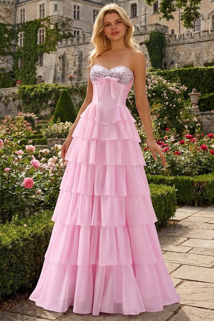 Sparkly Pink Tiered Sequin Ruffled Long Corset Prom Dress With Bow