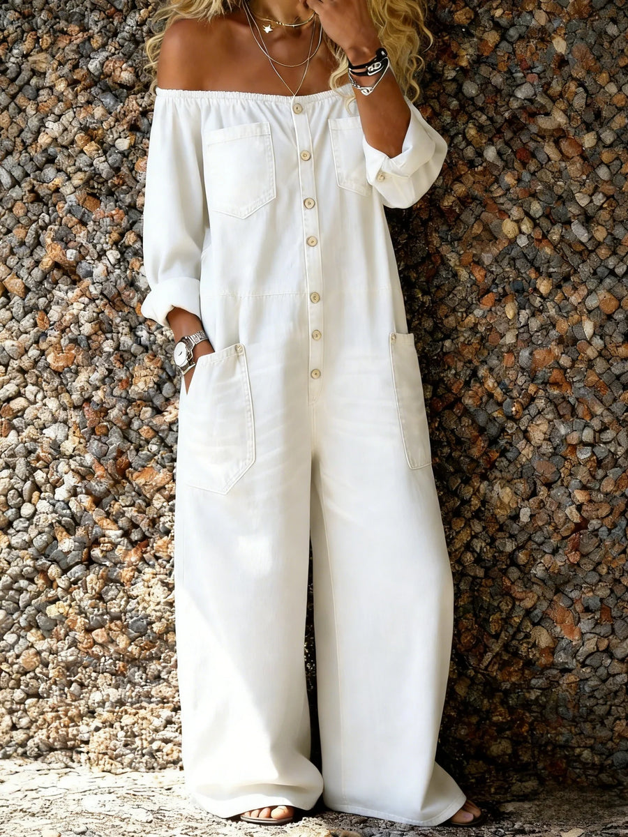 Veda - Off-Shoulder Denim Jumpsuit with Relaxed Fit
