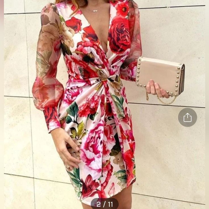 Cbr Dress Vibrant Flower Faux Wrap Dress Color: Pink Red Size: M