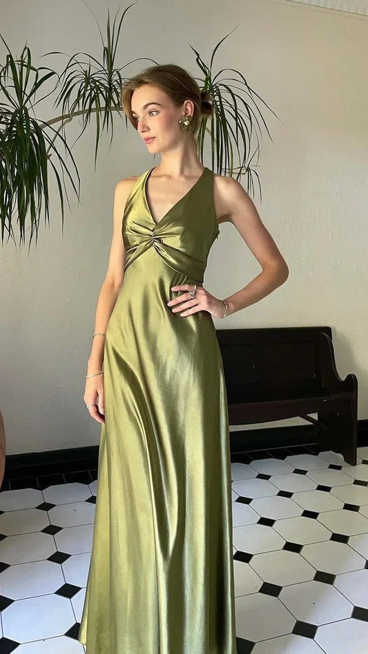 Black Trendy Senior Prom Dress, Halter Sheath Satin Party Dress, Tie
