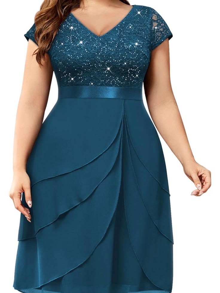 Miusol Dress Miusol Teal Lace Bodice V Neck Midi Dress Color: Blue