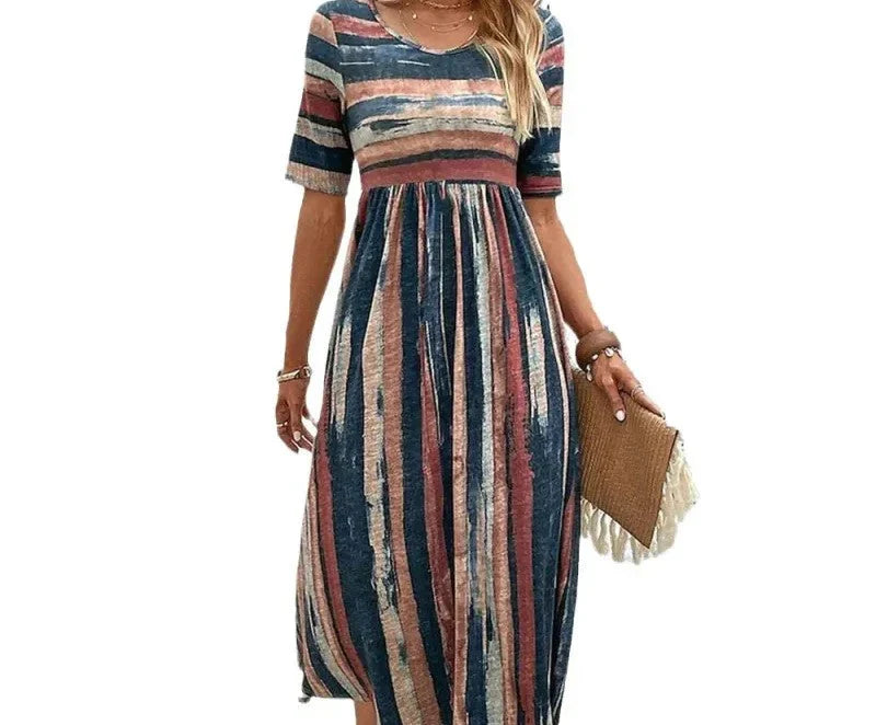 Lilou – Elegant Striped Tummy-Coverage Midi Dress