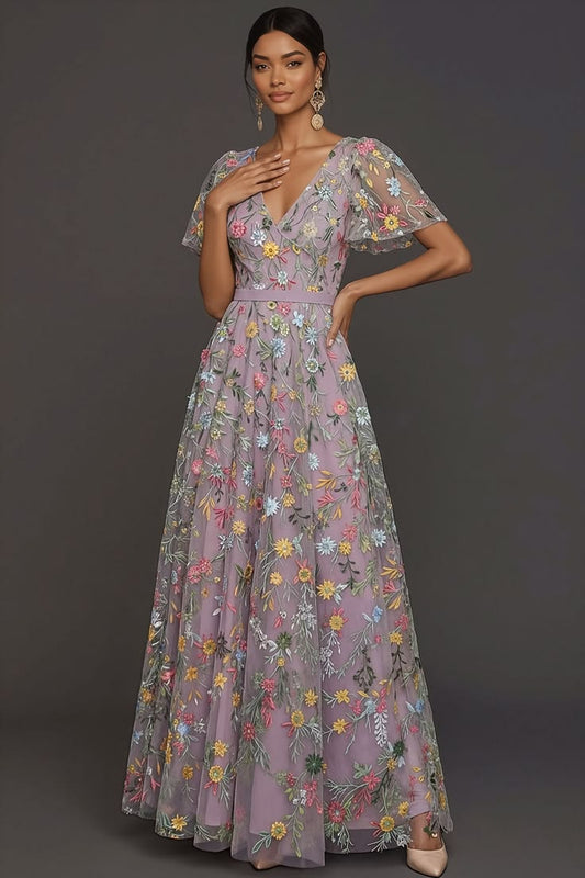 Mauve A Line Embroidered Floral V Neck Long Formal Dress