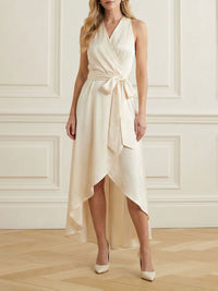 High-Low Loose Ruffle Trim Solid Color Tied Waist V-Neck Maxi Dresses