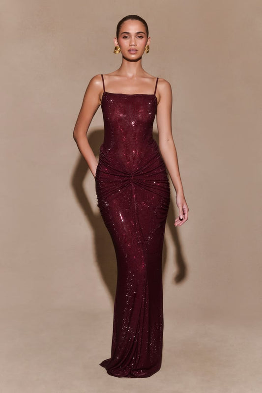 Roisin Diamante Satin Maxi Dress Mahogany