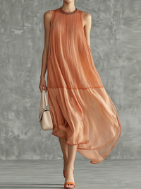 Elegant Plain Split Joint Crew Neck Midi Dress