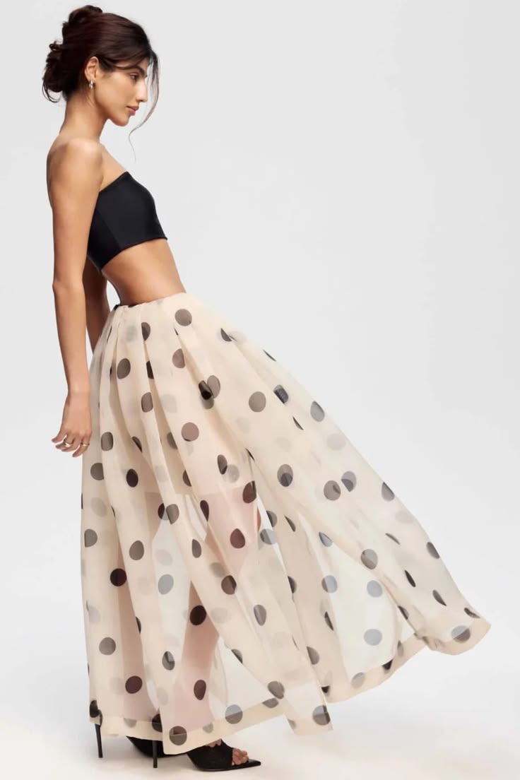 Beige Polka Dot Sheer Maxi Skirt