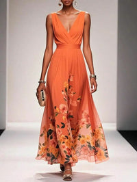 Women's Chiffon Deep V Neck Sleeveless A Line Long Floral Dress,