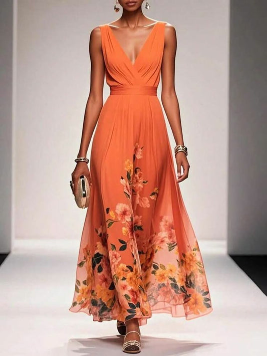 Women's Chiffon Deep V Neck Sleeveless A Line Long Floral Dress,