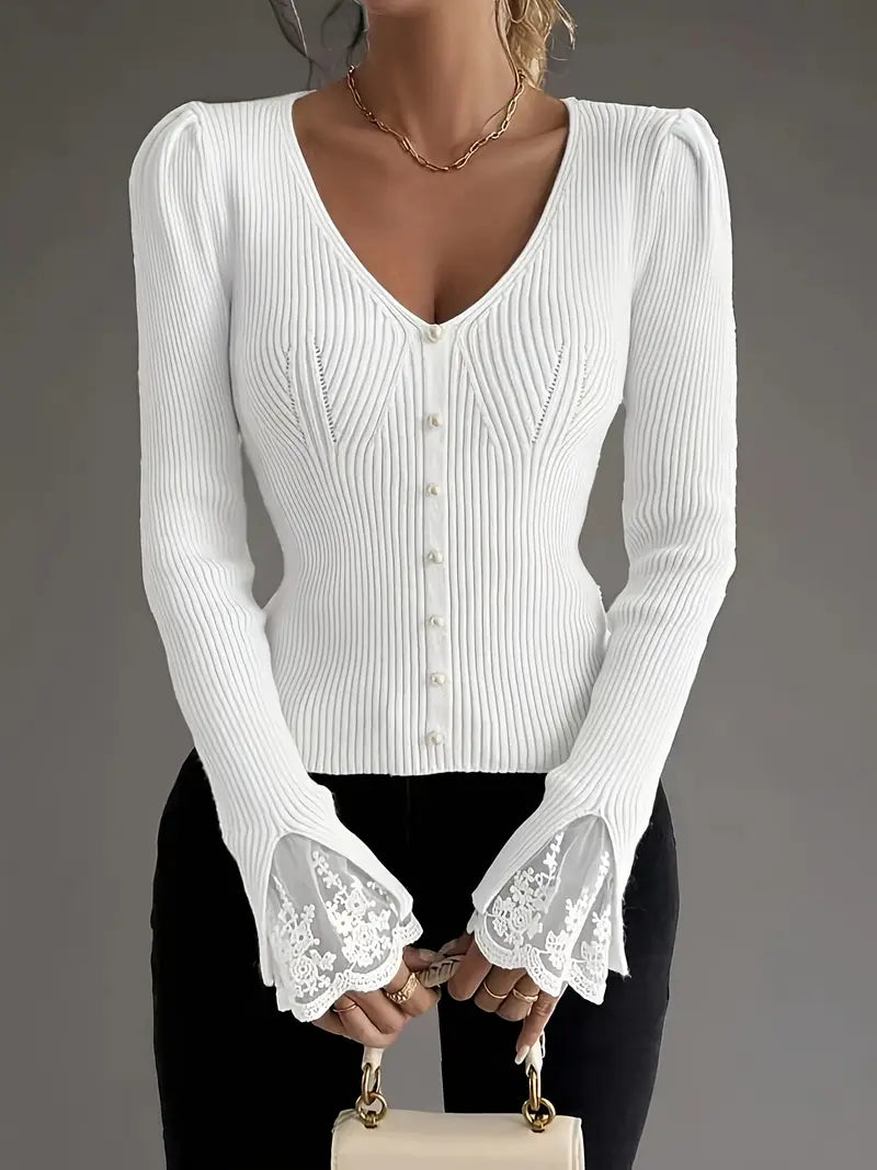 Isabella – Ribbed V-Neck Knit with Lace Sleeves