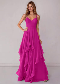 A Line V Neck Floor Length Chiffon Bridesmaid Dress Fuchsia
