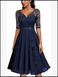 V Neck Floral Lace Elegant Half Sleeve Bridesmaid Party Dress Fit &