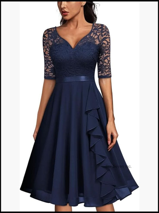 V Neck Floral Lace Elegant Half Sleeve Bridesmaid Party Dress Fit &