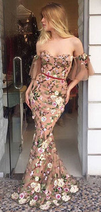 Off Shoulder Nude Embroidery Floral Mermaid Prom Dress