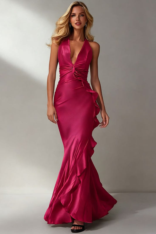 Fuchsia Mermaid V Neck Long Wedding Guest Dress With Ruffles Fuchsia