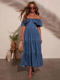 Off Shoulder Ruffle Tiered Denim Dress Dark Blue