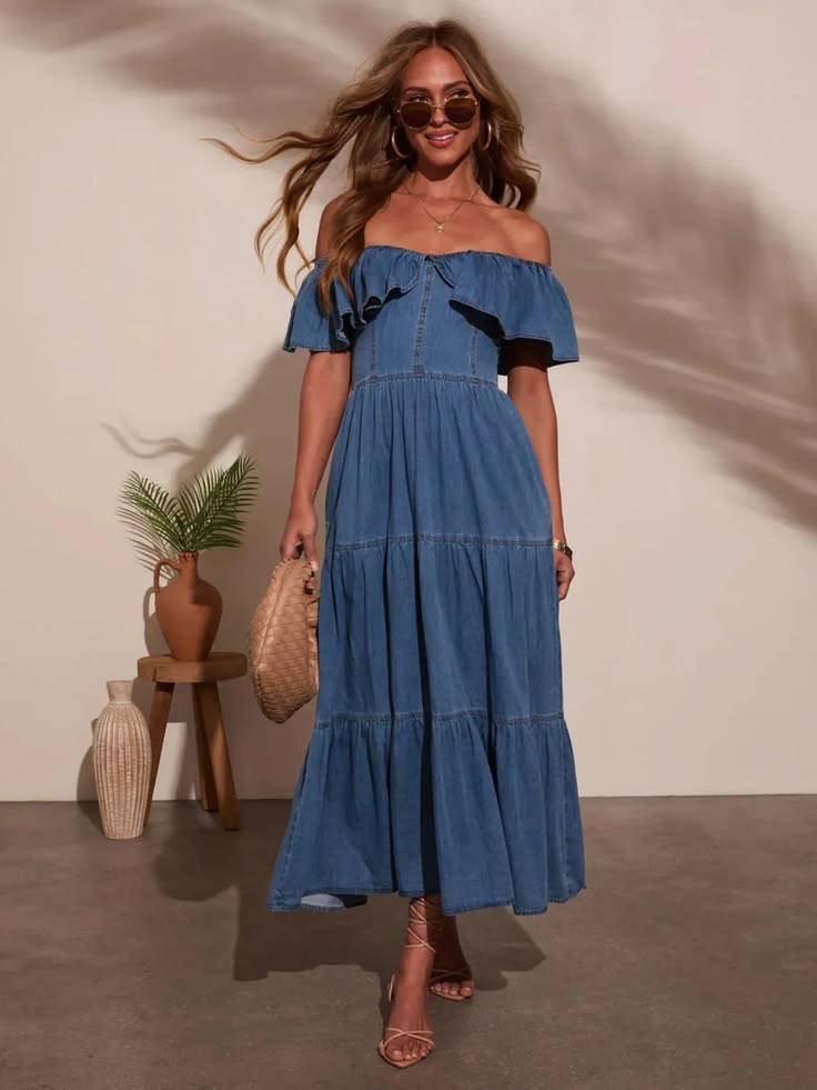 Off Shoulder Ruffle Tiered Denim Dress Dark Blue