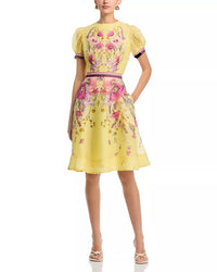 Teri Jon By Rickie Freeman Silken Linen Short Sleeve Placed Floral