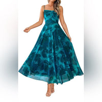 Teal Blue Floral Mesh Maxi Dress Spaghetti Straps Size Small Color: