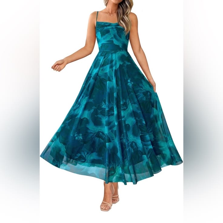 Teal Blue Floral Mesh Maxi Dress Spaghetti Straps Size Small Color: