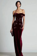 Off The Shoulder Velvet Burgundy Beaded Long Formal Dress