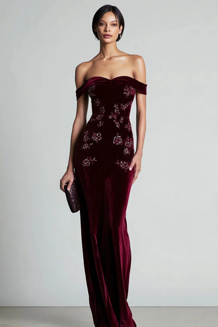 Off The Shoulder Velvet Burgundy Beaded Long Formal Dress