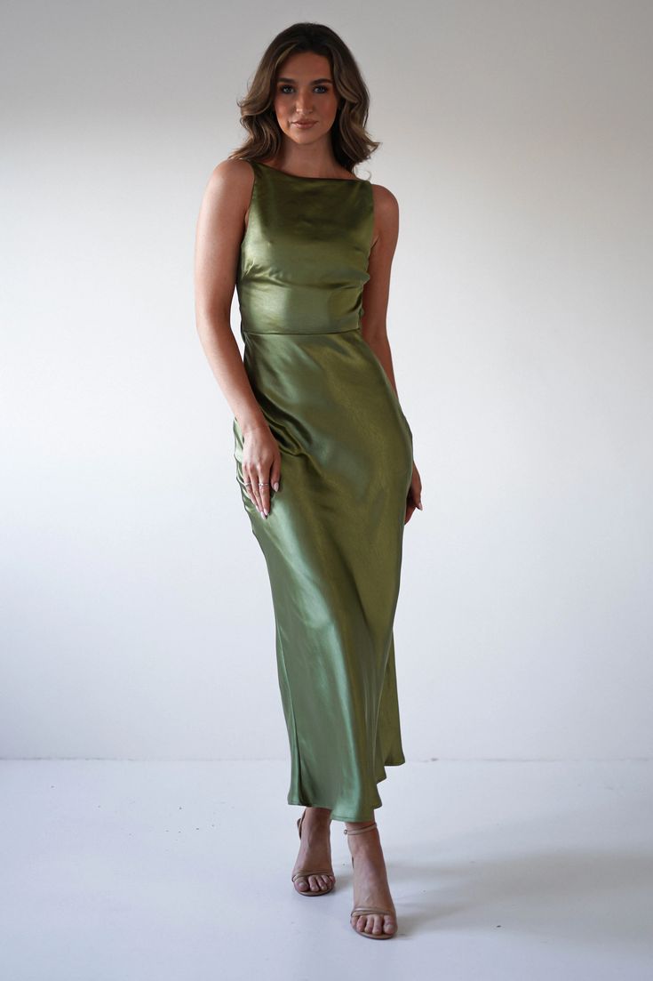 Bayleigh Soft Satin Maxi Dress Olive Wedding Guest Dress Maxi Satin