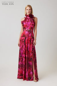 Chiffon Floral Organza Halter Gown Fuchsia Mult