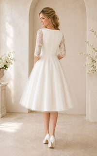 Dorris Bridal Women's Satin Tea Length Bateau Neck Wedding Dress Ivory
