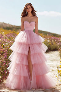 Pink Tiered Long Ruffled Prom Dress With Slit Pink Us20W