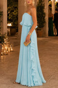 Margovil Strapless Tube Ruffle Pleated Swing Maxi Dress