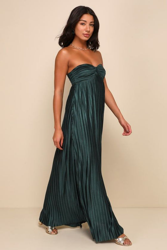 Whimsical Beauty Emerald Green Satin Plisse Strapless Maxi Dress