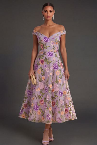 Floral Lilac A Line Long Wedding Guest Dress