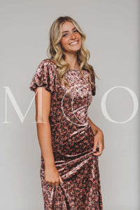 Jenna Coral Floral Velvet Dress - MCO