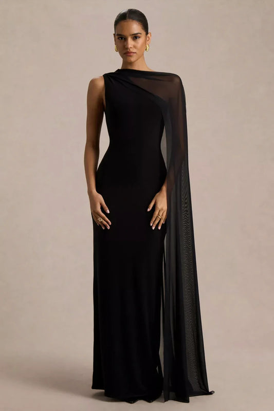 Mirelle Black Asymmetric Neck Maxi Dress With Sheer Cape Sleeve