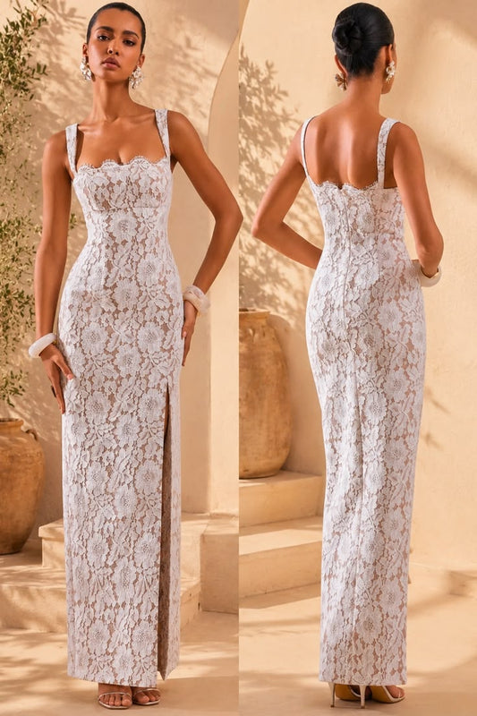 Zarisse White Lace Square Neck Maxi Dress
