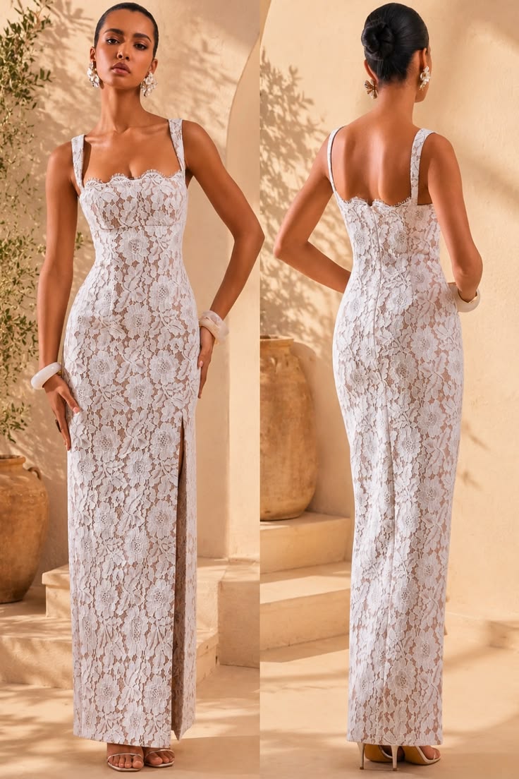 Zarisse White Lace Square Neck Maxi Dress