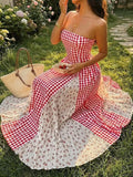 Women's Plaid & Floral Patchwork Strapless Cinched Waist Backless Maxi