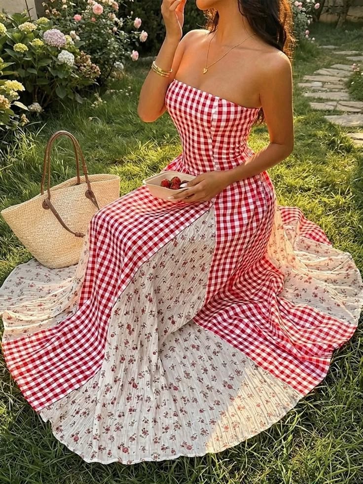 Women's Plaid & Floral Patchwork Strapless Cinched Waist Backless Maxi