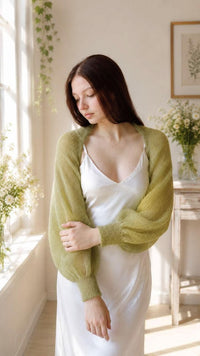 Bright Olive Mohair Bridal Bolero Shrug, Soft Sheer Bridesmaid