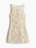 Crochet Sleeveless Mini Dress Cover Up Sheer A Line, Light Beige Cream