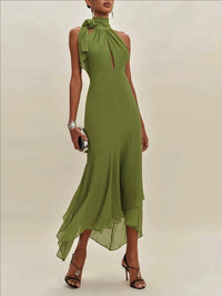 Green 1930s Halter Mesh Backless Chiffon Midi Dress Green