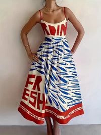 Sardine Print Spaghetti Strap Midi Dress Rust