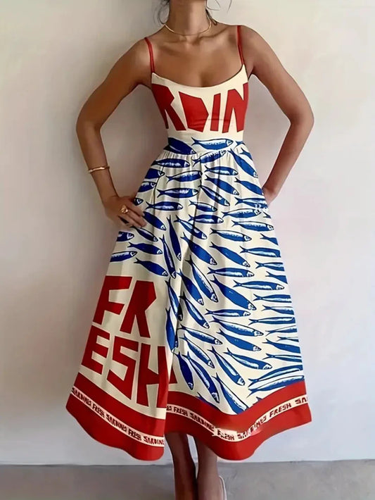 Sardine Print Spaghetti Strap Midi Dress Rust