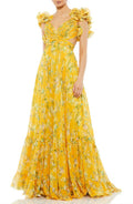 Ruffle Tiered Floral Cut-Out Chiffon Gown