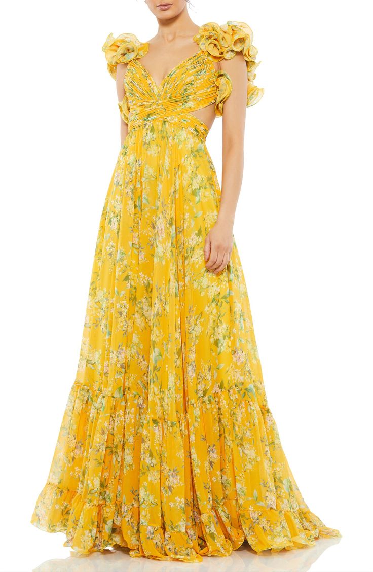 Ruffle Tiered Floral Cut-Out Chiffon Gown