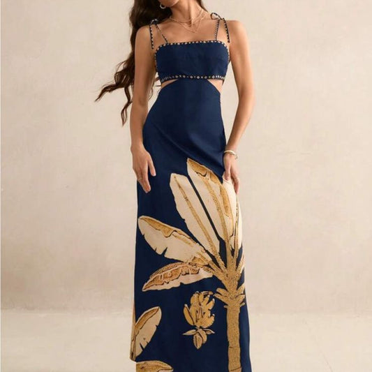 Dress Tall Chic Floral Maxi Dress In Navy And Gold Color: Blue Gold