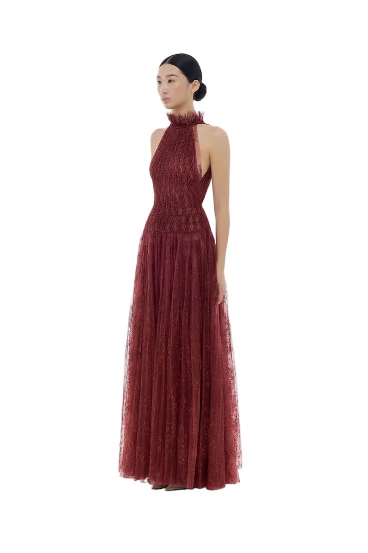 Burgundy Smocked Lace Maxi Dress Burgundy