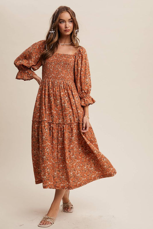 Floral Tiered Midi Dress Rust Large